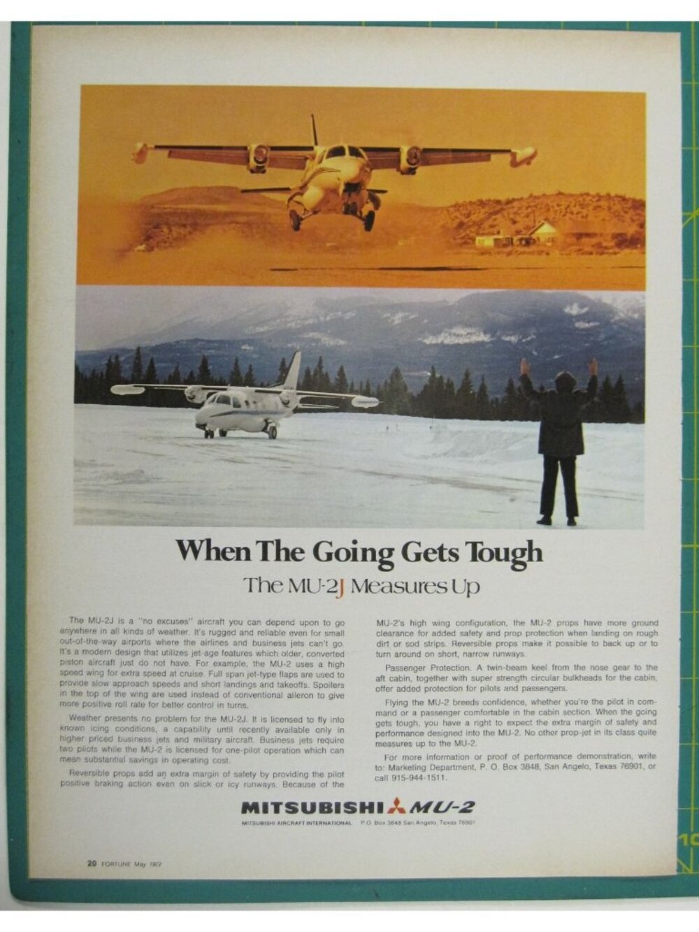 Print Ad Mitsubishi MU-2J Aircraft When Going Gets Tough Rugged Vintage 1972